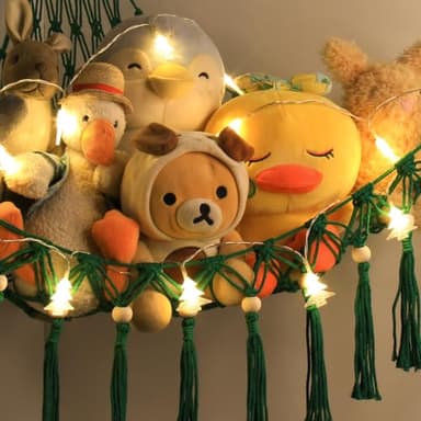 Stuffed Animal Toy Storage Hammock with LED Light - Macrame Jumbo Doll Corner Stuff Animals Organizer Decorations - Cute Plushie Net Kids Baby Nursery Bedroom Room Decor Christmas Green - Image 3