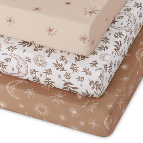 Unnivoll Pack and Play Sheets Fitted 3 Pack, Mini Crib Sheets for Pack N Play Mattress Stretchy Portable Playard Sheets, Soft Breathable White Brown Sun God - Image 1