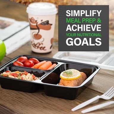 Ez Prepa [20 Pack] 32oz 3 Compartment Meal Prep Containers with Lids - Bento Box - Plastic - Stackable, Reusable, Microwaveable & Dishwasher Safe - Image 3