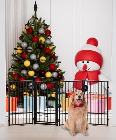 SNUOWU Full Metal Freestanding Dog Gate with Door, 32''Height Foldable Pet Dog Fence for Indoor & Outdoor, 4 Panels Extra Wide Free Standing TallDog Gates for Doorways,House,Stairs,Porch,Deck,Yard - Image 2