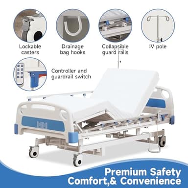 Real Relax Premium 3 Function Full Electric Hospital Bed (with Mattress & IV Pole), Premium Medical Hospital Beds, with Locking Casters, Motor. - Image 7