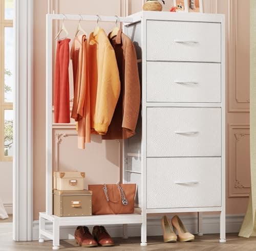 HIGDBFE Dresser with Hanging Rack, 4 Drawers Small Closet for Bedroom, Reversible Fabric Chest of Drawers with Clothes Rack, Tall Storage Tower, Sturdy Frame, White, 44''H - Image 1