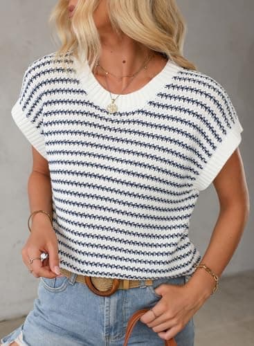 EVALESS Women's 2024 Sleeveless Round Neck Striped Sweater Vest Cap Sleeve Ribbed Knit Pullover Tank Tops Blue Small - Image 2