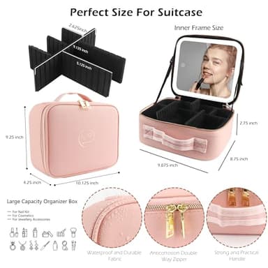 MOMIRA Makeup Train Case with Light & Mirror Large Cosmetic Organizer with Adjustable Dividers for Cosmetics,10X Magnifying Makeup Mirror,Pink - Image 2