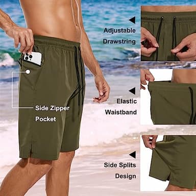 difficort Mens Swim Trunks Quick Dry Bathing Suit 9 inch Inseam Board Shorts with Compression Liner and Zipper Pocket,Army Green,Large - Image 6
