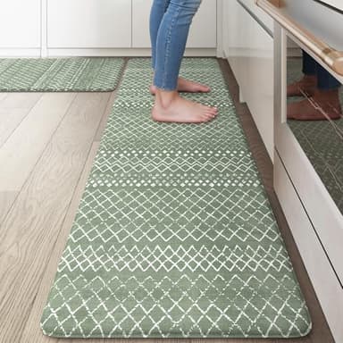 KIMODE Anti Fatigue Kitchen Mats for Floor, Boho Kitchen Rugs Sets of 2, Cushioned Kitchen Floor Mats, Comfort Standing Mat for Sink Laundry Office Desk Green 17"x59"+17"x29" - Image 1
