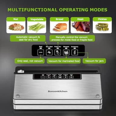 Bonsenkitchen Vacuum Sealer Machine, Stainless Steel Food Sealer Vacuum Sealers with 100 Bags & 1 Roll, 5 Food Vacuum Modes, Built-in Cutter & Bag Storage, Black - Image 2