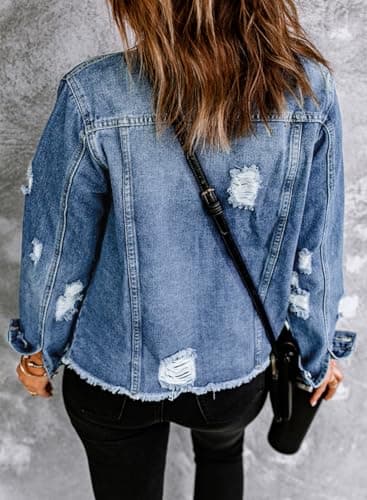 EVALESS Womens Trendy Ripped Distressed Jean Denim Jacket 2025 Fall Spring Pockets Front Slouchy Fray Hem Long Sleeve Coats,Iceland Blue Large - Image 3