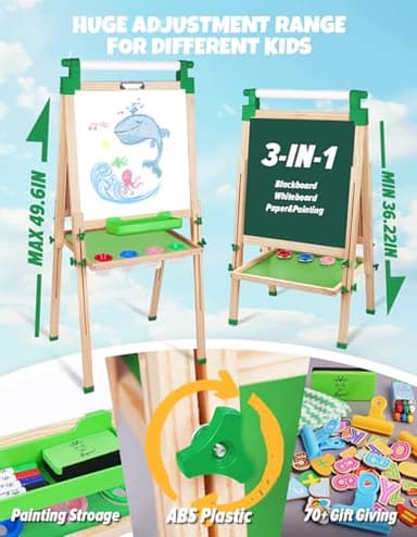 JOYOOSS Easel for Kids - Adjustable Wooden Art Easel with Paper Roll,Magnetic Double Sided Dry Erase Board,Outdoor Easel for Toddlers,Green - Image 4