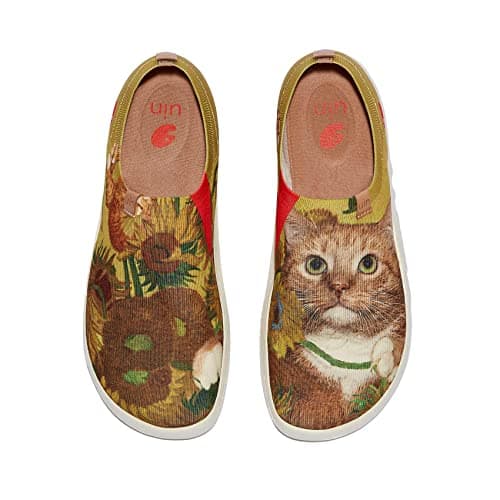 UIN x FatCatArt Collaboration Women's Art Travel Walking Shoes Slip On Casual Lightweight Fashion Sneaker Toledo Ⅹ Sunflowers and Cat 3 (7.5) - Image 1