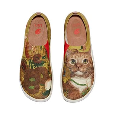 UIN x FatCatArt Collaboration Women's Art Travel Walking Shoes Slip On Casual Lightweight Fashion Sneaker Toledo Ⅹ Sunflowers and Cat 3 (7.5) - Image 1