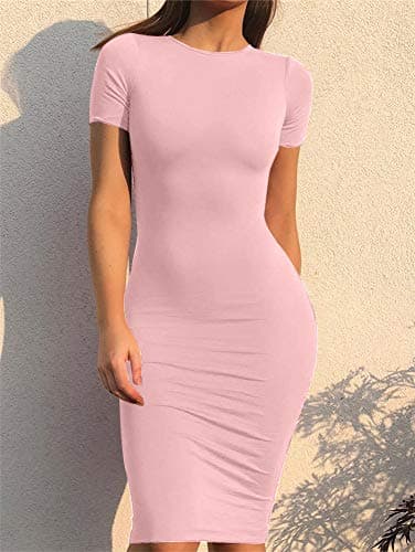 GOBLES Women's Short Sleeve Casual Bodycon Midi Elegant Cocktail Party Dress Pink - Image 5
