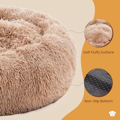 DUMOS Calming Donut Cat & Dog Bed for Small Dogs, Machine Washable Cuddle Warming Cozy Fluffy Faux Fur Plush Round Dog Bed, Anti-Anxiety Waterproof Anti-Slip Pet Bed, Brown, 20×20×8 Inches - Image 3
