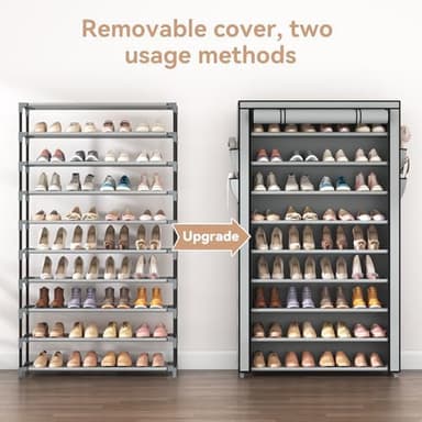 Shoe Rack with Covers 10 Tier Tall Shoe Rack Organizer Large Capacity Shoe Shelf Storage 40 Pairs Space Saving Free Standing Shoe Storage Organizer for Closet, Entryway, Dorm, Grey - Image 6
