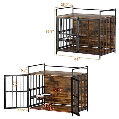 ROOMTEC Furniture Style Large Dog Crate with 360° & Adjustable Raised Feeder for Dogs 2 Stainless Steel Bowls -End Table House Pad, Indoor Use,41" L X 24" W 36" H, Classic Brown - Image 2