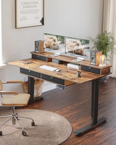 FEZIBO 60x30 inchs Height Adjustable Electric Standing Desk with 4 Drawers, Table with Storage Shelf, Sit Stand Desk with Splice Board, Black Frame/Rustic Brown Top - Image 2