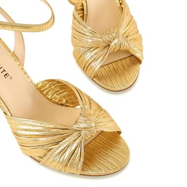 MUCCCUTE Gold Heels with Bow Heeled Sandals Chunky Heels for Women Open Toe Ankle Strap Wedding Bridal Dressy Sandal Size 9.5 - Image 2