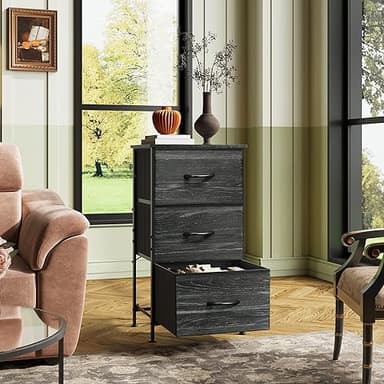 WLIVE Nightstand with 3 Drawers, Fabric Dresser, Organizer Unit, Storage Dresser for Bedroom, Hallway, Entryway, Closets, Steel Frame, Wood Top, Easy Pull Handle, Charcoal Black Wood Grain Print - Image 4