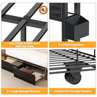 Furnulem Queen Bed Frame with Wood Headboard and Storage Shelf, Metal Platform Bed Frame Queen Size with Storage Drawers, LED Lights and Charging Station, No Box Spring Needed, Noise Free, Black - Image 7