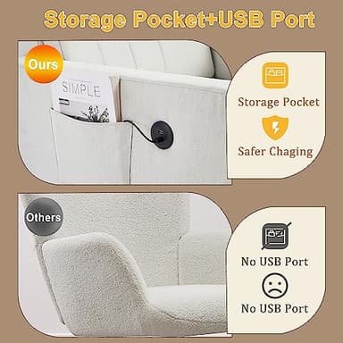 VECELO Rocking Chair Nursery Upholstered Modern Glider Rocker with Padded Seat High Backrest USB Port Comfy Armchair and Side Pocket for Living Room Bedroom Balcony Offices, White - Image 4