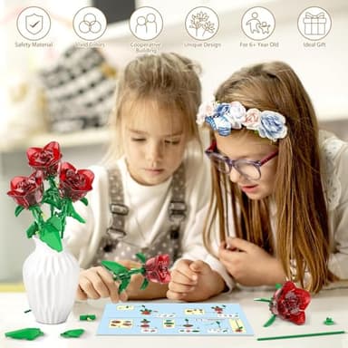 Rose Flowers Bouquet Building Decoration Set Compatible with Lego Flowers, Artificial Flowers for Home Décor, Roses Botanical Collection Women Mens Gifts Ideas for Christmas Stocking Stuffers (Red) - Image 3