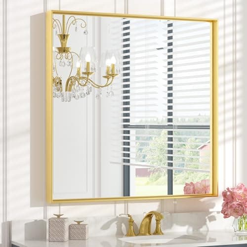 Keonjinn Brushed Gold Bathroom Mirror 36 x 36 Inch Gold Wall Square Mirror Metal Framed Rectangular Mirror for Bathroom Aluminum Alloy Frame Gold Vanity Mirror for Over Sink(Horizontal/Vertical) - Image 1