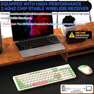 FD Wireless Keyboards and Mouse Combo - 2.4GHz USB Cordless, Cute Wireless Keyboard Round Keys, Quiet and Slim Set for Laptop, Computer, TV and Mac - Milky White Green Colorful - Image 2