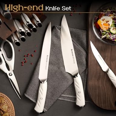 Astercook Knife Set Kitchen with Block and Dual Sharpener Full Tang 15 Pcs German Stainless Steel Knives Dishwasher Safe Kitchen Utensils Set with Anti-slip Ergonomic Handle, Elegant White - Image 8