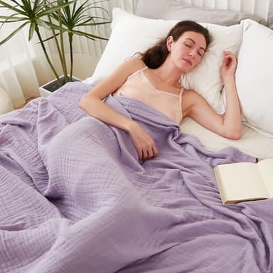 EMME Cotton Blanket Queen Size for Bed Soft Large Muslin Bed Blankets 90"x90" Lightweight Breathable All Season Gauze Blanket, Lavender - Image 3