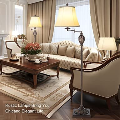 Traditional LED Floor Lamp with 350° Adjustable Swing Arm Lamp – Vintage Standing Pole lamp for Living Room, Bedroom and Office – Rustic Upright Floor Light for Home Décor with Faux Silk Fabric Shade - Image 4