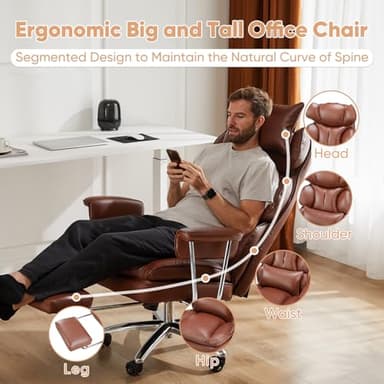 Sweetcrispy Executive Home Office Desk Chair - Ergonomic Big Tall High Back with Footrest & Lumbar Support, Reclining Height Adjustable, Comfy PU Leather Computer Gaming with Swivel Wheels, Brown - Image 4