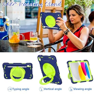 Andnary Case for iPad (A16) 11th Generation 11 inch 2025/10th Generation 10.9 inch 2022, Heavy Duty Shockproof Cover with 360° Rotating Handle/Bracket/Pen Holder/Shoulder Strap (Navy+Green) - Image 5
