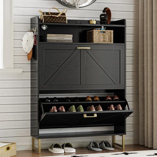 BORNOON Shoe Cabinet with 2 Flip Drawers Narrow Shoe Storage Cabinet Organizer Wooden Freestanding Rack Hidden Slim Storage for Entryway, Hallway, Living Room, Bedroom - Image 1