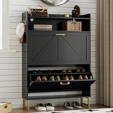 BORNOON Shoe Cabinet with 2 Flip Drawers Narrow Shoe Storage Cabinet Organizer Wooden Freestanding Rack Hidden Slim Storage for Entryway, Hallway, Living Room, Bedroom - Image 1