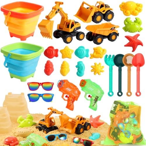 HUITEM Beach Toys for Kids, Sand Toys with 2 Collapsible Beach Bucket,3 Dump Truck,2 Sunglasses,Ocean Molds,Sandbox Shovel,2 Mesh Bag Sand Castle Building Kit Travel Beach Essentials for Toddler 3-10 - Image 1