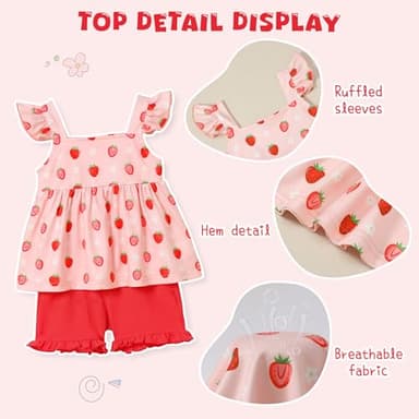 YUEMION Toddler Gir Clothes, 2Pcs Baby Gir Summer Outfits Ruffle Sleeveless Shirts Flora Tops + Shorts Clothing Set(Strawberry + Red, 4-5T) - Image 5