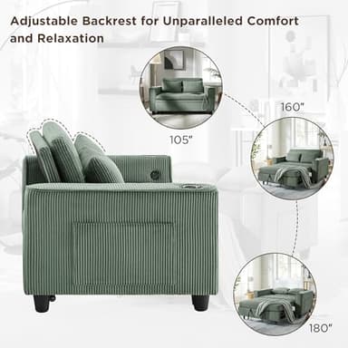 OKD 3 in 1 Convertible Sleeper Sofa Bed, Corduroy Pull Out Futon Couch with Charging Station & Cup Holder, Folding Loveseat Sofa Bed with Side Pocket for Living Room, Green - Image 8