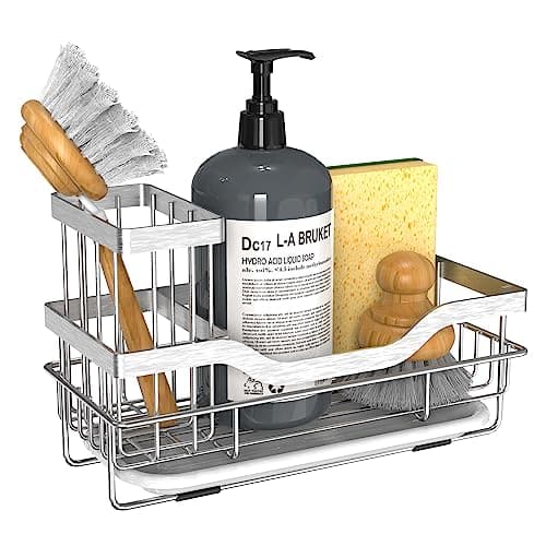 Vanwood Kitchen Sink Caddy Organizer Sponge Holder for Kitchen Sink, Rustproof Dish Soap Sponge Caddy for Counter with Detachable Brush Holder & Drain Tray - Storage Home & Cocina Accesorios, SILVER - Image 1