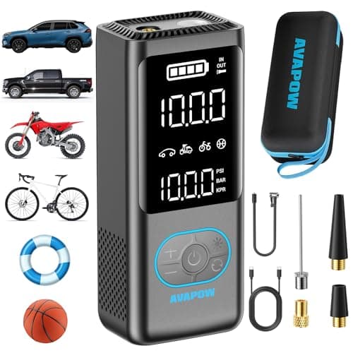 AVAPOW Tire Inflator Portable Air Compressor, 150 PSI Cordless Car Tire Air Pump with Pressure Gauge, 3.7″ LCD Screen, Auto-Shuts Off Tire Pump for Car, Motorcycle, Bike, Balls - Image 1