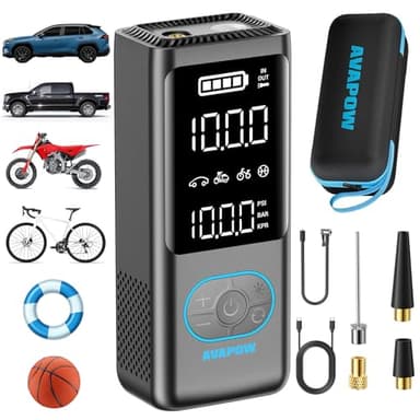 AVAPOW Tire Inflator Portable Air Compressor, 150 PSI Cordless Car Tire Air Pump with Pressure Gauge, 3.7″ LCD Screen, Auto-Shuts Off Tire Pump for Car, Motorcycle, Bike, Balls - Image 1
