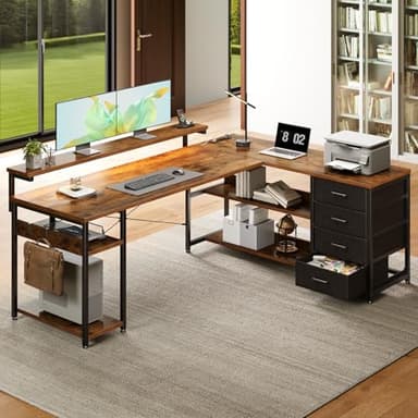 AODK 61" L Shaped Desk with Drawer, Computer Desk with Power Outlets & LED Lights, Reversible Corner Gaming Desks for Home Office Workstation, Office Table with Monitor Shelf, Vintage - Image 2