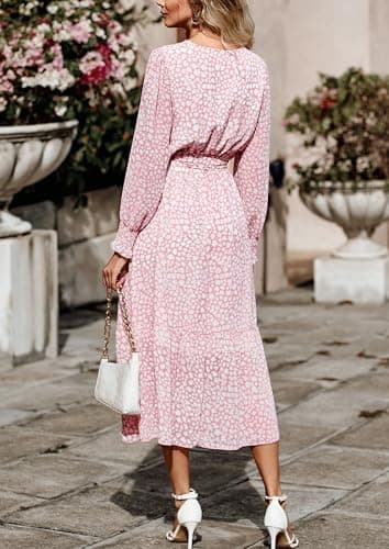 PRETTYGARDEN Women's Floral Boho Dress Fall Long Sleeve Wrap V Neck Ruffle Flowy Maxi Spring Wedding Guest Vacation Dresses (Pink,Small) - Image 2
