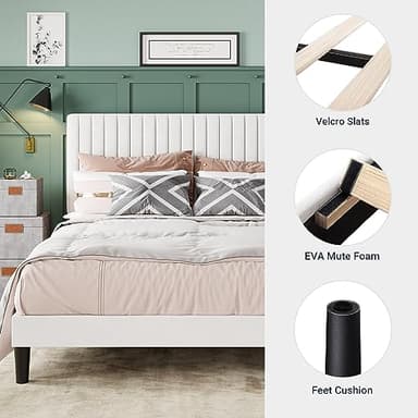 Allewie Queen Bed Frame, Velvet Upholstered Platform Bed with Adjustable Vertical Channel Tufted Headboard, Mattress Foundation with Strong Wooden Slats, Box Spring Optional, Easy Assembly, White - Image 5