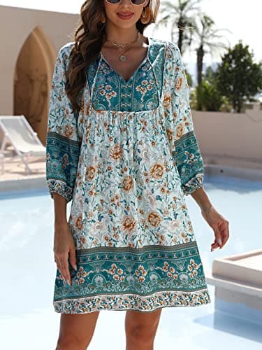 Qearal Summer Dresses for Women Trendy Boho Floral Print Cover Up Beach Dresses Blue XXL - Image 4