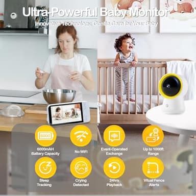 Ellie Baby Monitor No WiFi, Baby Monitor with Camera and Audio, 5" IPS 1080P with Wall Mount, 6000mAh Battery, 1000ft Range, Smart Monitoring 24hrs Playback, AI Cry Detection & Sleep Tracking - Image 2