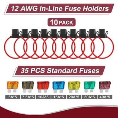 10 Pack Inline Fuse Holder 12V, Professional 12 AWG Waterproof Fuse Holder with 35 Pcs (5A/7.5A/10A/15A/20A/30A/40A) Standard Car Fuses, Giwiemi in Line Fuses Holders 12v for Marine Auto and Circuits - Image 2