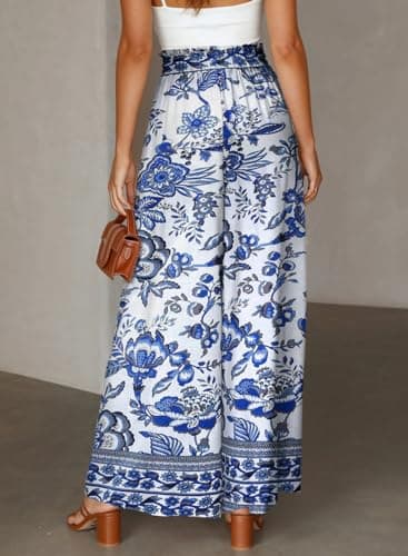 Dokotoo Womens Fashion Fall 2025 High Waist Drawstring Wide Leg Long Pants with Pockets Blue and White Porcelain Print Oversize Soft Lounge Yoga Trousers for Women Office Beach Pants Blue XL - Image 3