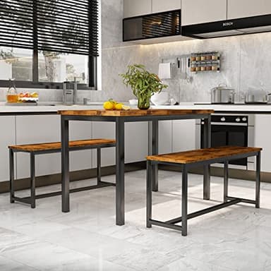 AWQM Dining Room Table Set, Kitchen Table Set with 2 Benches, Ideal for Home, Kitchen and Dining Room, Breakfast Table of 47.2x28.7x28.7 inches, Benches of 41.3x11.8x17.7 inches, Industrial Brown - Image 5