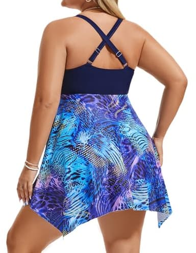 Hanna Nikole Womens Plus Size One Piece Swimsuit Front Keyhole Tie Swim Dress Tummy Control Bathing Suit Purple Leopard 26W - Image 2