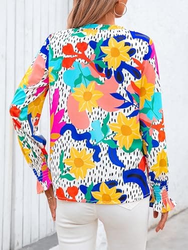 MASCOMODA Womens V Neck Floral Long Sleeve Tops 2025 Summer Casual Loose Puff Sleeve Chiffon Boho Work Blouse Dressy T Shirts(Multicolored Flower,X-Large) - Image 6